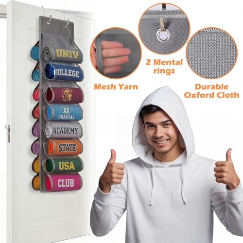 Over the Door Hoodie Organizer, Double Sided Holds 16 Hoodies, Gray Hanging Storage with 2 Hooks and Rope for Door Closet Cabinet Use, Ideal for Dorm Rooms Bedroom, Small Spaces - color: Grey