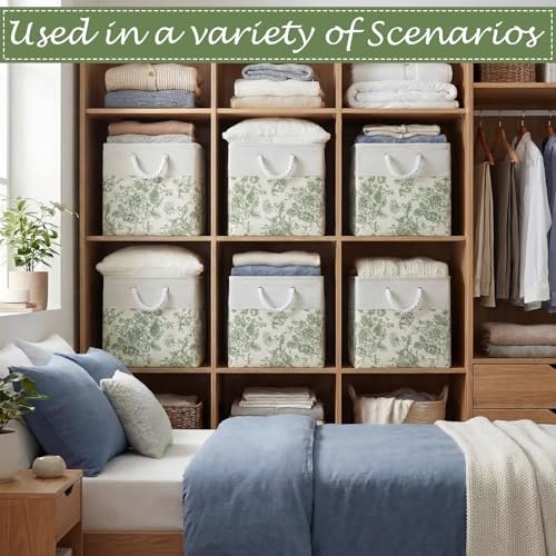LemonRoad 6 Pcs Sage Green Cube Storage Bins 11.22 Inch Square Storage Basket with Handle Preppy Girl Organizer Basket Collapsible Fabric Box for Classroom Bedroom Office Home Decoration Gift - color: Sage Green, size: 11.22 Inch, style: Floral