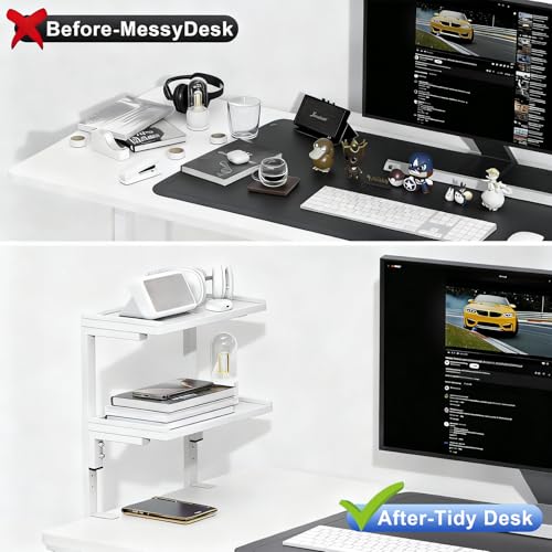 Spacrea clamp on Desk Shelf, 2 Tier Office Desk Shelves Organizer, Wood Desktop Supplies Storage Rack, Desk Organizers and Accessories (White) - color: White