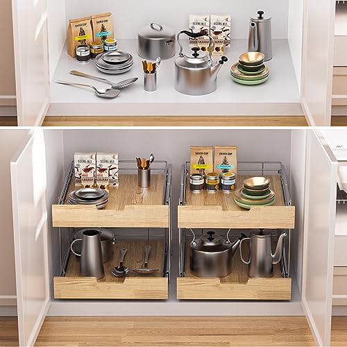 Sikarou Pull Out Cabinet Organizer,Heavy-Duty Slide Out Shelf, Wood and Wire Basket, Pull Out Drawer for for Kitchen Under Sink Space, Pantry, Bathroom, 2 Tie 14 * 21 in - size: 2-TIE 14*21 WM