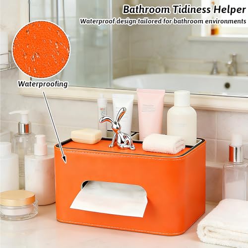 PU Leather Tissue Box Cover Square - Multifunctional Tissue Box Holder with Storage, Tissue and Remote Control Holder Organizer with Compartments for Bedroom Nightstand, Desk, Living Room (Orange) - color: Orange