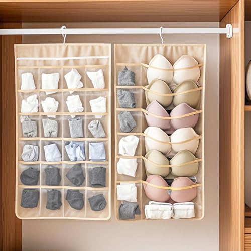 Hanging Fabric Storage Organizer with Multiple Pockets – Space-Saving Closet Storage Solution, Beige 12+24 grid