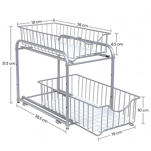 SONGMICS 2-Tier Pull Out Cabinet Organizers, Under Sink Organizer, Bathroom Organizer and Storage, Sliding Basket Drawers, Stackable for Kitchen, Bathroom, Metallic Silver UKCS017E01 - color: Metallic Silver