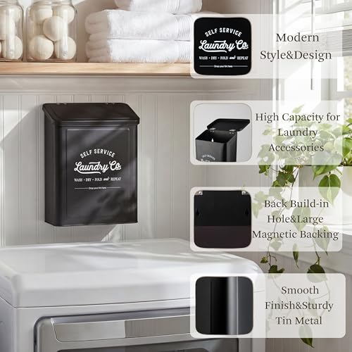 MONJITA Magnetic Lint Bin for Laundry Room, Wall Mounted Lint Trash Can with Lid for Dryer, Laundry Room Organization and Storage with Brush(Black) - color: Black