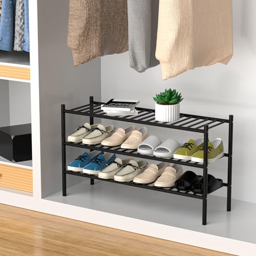 ROMGUAR CRAFT 3-Tier Bamboo Long Shoe Rack, Free Standing Wood Shoe Shelf Storage Organizer for Closet Entryway Stackable 35"x11"x20" (Black) - color: Black, size: 3-Tier(Long)
