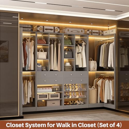 Besiost Closet System with 4 Drawers & Corner Tower, Closet Organizer System with 4 Hanging Robs, Reversible U Shaped Walk-in Closet System, Load 2600+LBS Capacity, Set of 4, Morandi Grey - color: Morandi Grey, size: 117" * 31.5"
