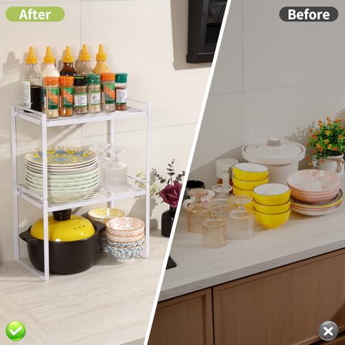 MiaLi Cabinet Organizer Shelf, Set of 2 Metal Counter Shelves Spice Rack, Stackable Kitchen Bathroom Organizers and Storage, White - color: White, size: 7.7"D x 13.7"W x 9.2"H + 7.7"D x 13.7"W x 9.2"H