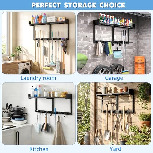HUFAND Broom Holder Wall Mount, 27" Large Mop and Broom Organizer Wall Hanging with Top Storage Shelf & Vacuum Hook, Heavy Duty Iron Utility Rack for Laundry Room, Garage, Kitchen, Garden - Black - size: Large