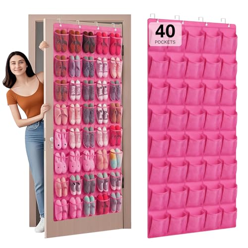40-Pocket Over the Door Shoe Organizer - Large Mesh Pocket Hanging Shoe Organizer,Behind the Door Shoes Storage Holder Hanger - color: Hot Pink