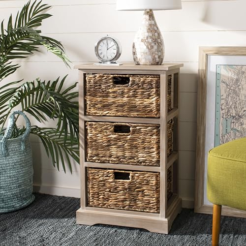 SAFAVIEH Home Collection – Halle White Washed Storage Side Table with Wicker Baskets, Farmhouse Accent Storage, Fully Assembled (AMH5738E) - color: White Washed