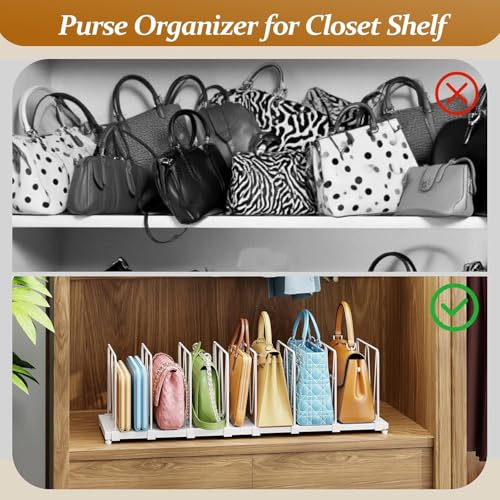 Dmevkic Extendable Purse Organizers Purse Storage. Length 15-27inch. Bag Organizer Purse Holder for Closet with 8 Adjustable Shelf Dividers（White） - size: Range (15–27")
