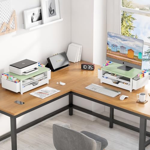 Wood Metal Monitor Stand Riser, Laptop Stand for Desk, Office Desk Organizer and Accessories, Computer Desktop Shelf with Drawer and Pen Holder, Printer Stand for Home, Office, Dorm (Green Wood) - color: Green Wood