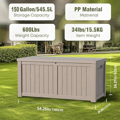 150 Gallon Outdoor Deck Box, Lockable Waterproof Outdoor Storage Boxes For Garden Tools,Indoor Cushions,Accessories Outside Storage Resin Weatherproof Container(Grey) - color: Grey, size: 150 Gallon