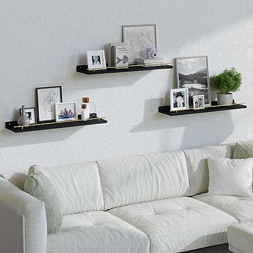 WOPITUES Floating Shelves 24 inch with Gold Metal Guardrail, Shelves for Wall Decor Set of 3, Wall Shelves for Bedroom, Bathroom, Kitchen, Living Room, Plants, Picture Frames, Art- Black and Gold - color: Black and Gold, size: 23.6 inch