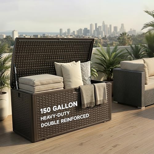 150 Gallon Deck Box, Double Layer Waterproof Resin, Lockable & UV Resistant Storage Box for Patio, Garden, Pool, Brown - color: Brown, size: 150 Gallon-Double Layer