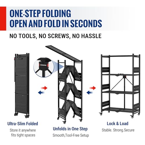 WORKPRO 4-Tier Folding Shelf, No-Assembly Metal Storage Rack with Wheels, 600 lbs Capacity (with Leveling Feet), Collapsible Shelving Unit for Kitchen, Pantry, Bathroom & Closet Organization - size: 4-Tier