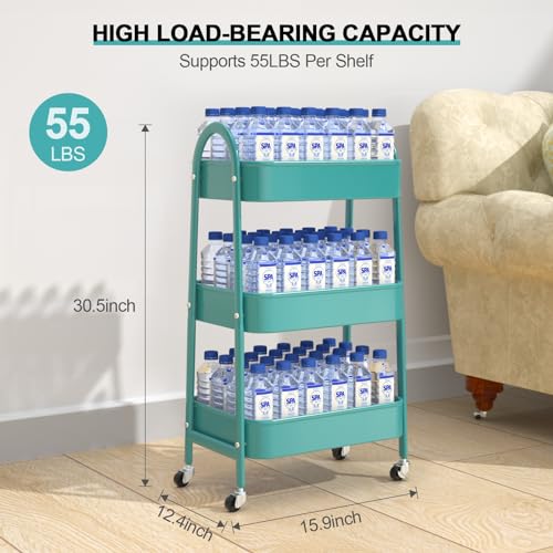 EAGMAK 3 Tier Utility Rolling Cart, Metal Storage Cart with Handle and Lockable Wheels, Multifunctional Storage Organizer Trolley with Mesh Baskets for Kitchen, Living Room, Office, Garage (Turquoise) - color: Turquoise, size: Normal