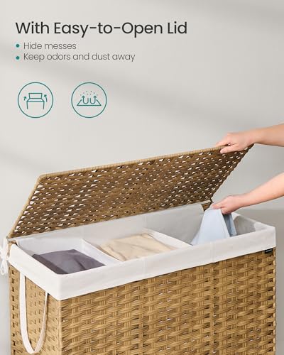 SONGMICS Laundry Hamper with Lid, 52.8 Gallon (200 L) Synthetic Rattan Clothes Laundry Basket with Lid and Handles, Foldable, Removable Liner, Goose Yellow ULCB320Y01 - color: Goose Yellow, size: 200 L