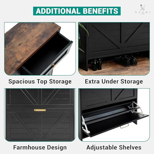 Naomi Home Berenice 32.68" Farmhouse Shoe Cabinet for Entryway with 2 Flip Drawers and 2 Storage Drawers - Slim Narrow Shoe Storage Cabinet, Black Shoe Organizer Cabinet - color: Black