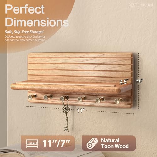 Rebee Vision Cedar Wood Key Holder Wall Mount – Farmhouse Wooden Key Holder for Wall with 6 Hooks & Floating Shelf - Farmhouse Home Decor Solution (Walnut) - color: Neutral, size: Medium-11inch