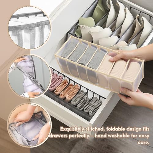 2-Pack Underwear Storage Organizer, 7-Compartment Foldable Drawer Divider for Home, Closet, and Travel Use, Mesh Fabric Organizer Box for Clothing - color: 2 Off White