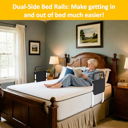 Double Bed Rails for Elderly Adults Safety, Bed Rails for Seniors, Dual Bed Handle Bedside Assist, Adjustable Bed Bar for Fall Prevention, Medical Bed Cane Fits Twin, Queen, Full, King Bed (2 Pack) - size: 2 Packs