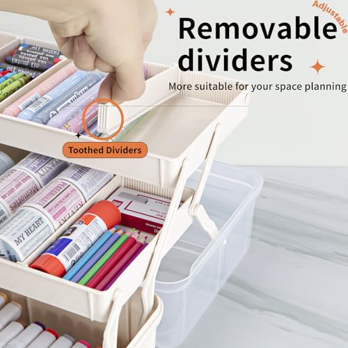TERGOO 12.5in 3-Layer Multipurpose Craft Organizers and Storage with Adjustable Dividers, Portable Tackle Box, Folding Art & Craft Case for Medicine, Tool, Sewing Organizer (White) - color: White, size: Large