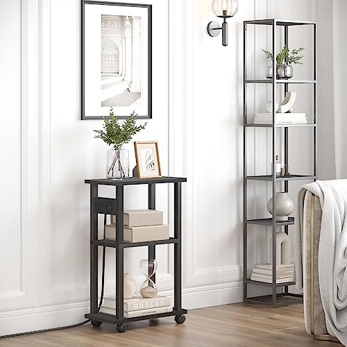 TUTOTAK Small Narrow Side Table with Charging Station, Skinny End Table for Small Spaces, Slim Nightstand with USB Ports and Outlet, Sofa Beside Table with Wheels, Black TB01BK046 - color: Black, size: 1 PC, style: With Plug