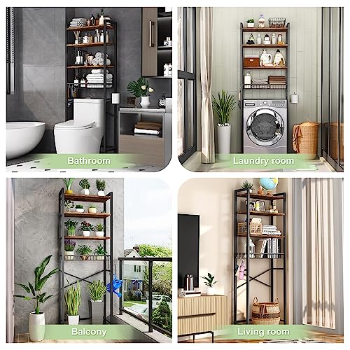 Kalrin Over-The-Toilet Storage Rack, 4-Tier Bathroom Organizer Shelf Over Toilet with Adjustable Shelf and Basket, Freestanding Space Saver Bathroom Shelves Above Toilet for Room (Vintage Brown) - color: Brown
