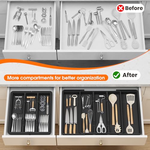 Large Silverware Organizer, Expandable Utensil Drawer Organizer for Kitchen Drawers, Kitchen Drawer Organizer for Spoons/Forks/Knives, Multipurpose & BPA Free Cutlery Tray, Black, 1 Pack - color: Black