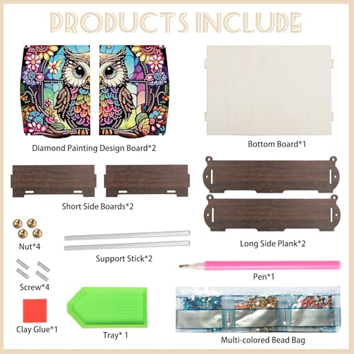 antor DIY Diamond Painting Wooden Storage Box, Owl Creative Special Shaped Rhinestone Art Flip Cover Jewelry Organizer Gift Case, Handmade Art Desktop Decor - color: Colorful Owl