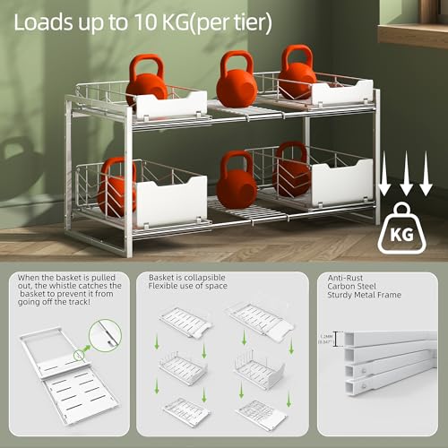 NETEL NETELAdjustable Under Sink Organizers and Storage, 2 Tier Expandable Pull Out Under Sink Organizers and Storage, 4 Pull-Out Metal Baskets, (21.5-31.64)" W X 14.69" D X 15.83" H - size: 4 pull out baskets(White)