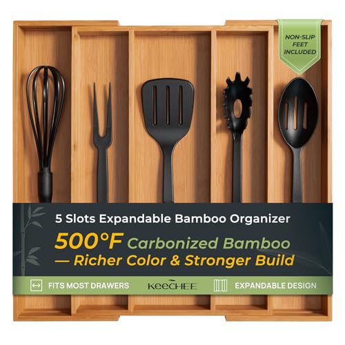 Carbonized Bamboo Kitchen Drawer Organizer, 5 Slots Expandable Silverware Organizer, Utensil Holder & Cutlery Tray, 2.2" Deep for Extra Capacity, Non-Slip Feet Included. - size: 5 Slots（Expandable）