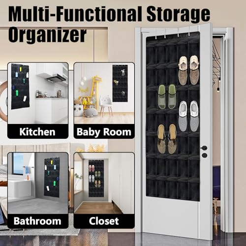Over the Door Shoe Organizer 35 Pockets, Black Folding Hanging Shoe Rack for Door with Metal Hooks, No-Drill Install, Space-Saving Door Shoe Organizer for Closet, 67.7in x 26.4in