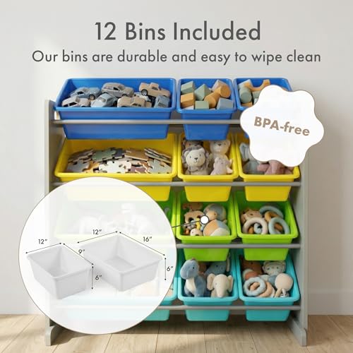 Humble Crew Toy Storage Organizer with 12 Removable Storage Bins for Kids Playroom, 4-Tier Toddler Toy Organization, Grey/Blue/Green/Yellow - color: Grey/Blue/Green/Yellow