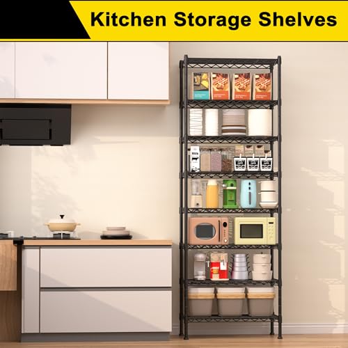 GIOTORENT 8-Wire Garage Shelving Storage Shelves, Kitchen Storage Adjustable Shelf, Metal Shelves 1600Lbs Capacity 24" Lx14 Wx72.2 H for Laundry Bathroom Pantry Closet, Black - color: Black, size: 14.0D x 24.0W x 72.2H (8Tier)