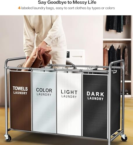 ROMOON Laundry Hamper Sorter Cart: 4-Section Organizer with Heavy-Duty Lockable Wheels and Removable Bags | 180L Rolling Laundry Basket for Dirty Clothes in Laundry Room or Small Spaces (Multicolor) - color: Multicolored