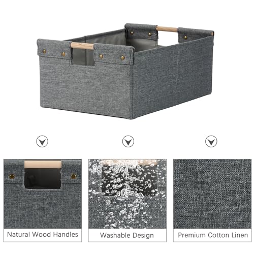 2PCS Storage Bins Cotton Linen Fabric Storage Boxes Basket with Wooden Handles Foldable Washable Decorative Shelf Container Clothes Organizer Home Laundry - Small Size, Gray - color: Gray, size: Small (Pack of 2)