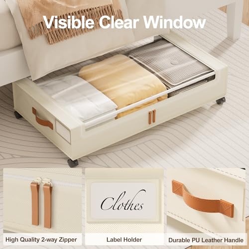 LAMU Under Bed Storage with Wheels, 2 Pack Under Bed Storage Containers with Clear Lid, XXL 60L Underbed Storage Bins, Rolling Under Bed Metal Drawers for Clothes, Blankets, Shoes, Beige - color: Beige, size: 2 Pack