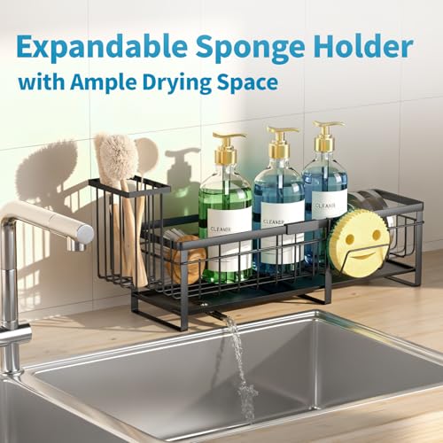 Aurblozen Extra Large Extendable Sponge Holder for Kitchen Sink, Rustproof Sink Caddy Organizer with High Brush Holder, Dish Soap Dispenser Organizers and Storage (Black) - color: Black