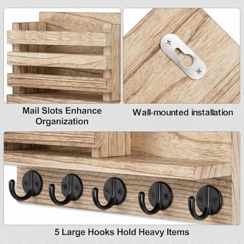 Wall Key and Mail Holder, Mail Organizer with 5 Metal Key Hooks, Selected Tung Wood, 11.8 x 6.7 inches, Includes mounting Hardware (Light Burn Color) - color: Light burn color