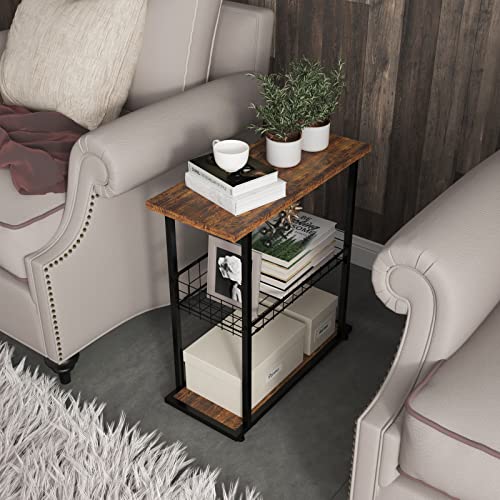 PROXRACER Side Table, 3-Tier End Table, Narrow Sofa Table Bedside Table, Small Nightstand with Storage Shelf for Living Room, Study, Bedroom, Rustic Brown - color: Brown, size: No Fence