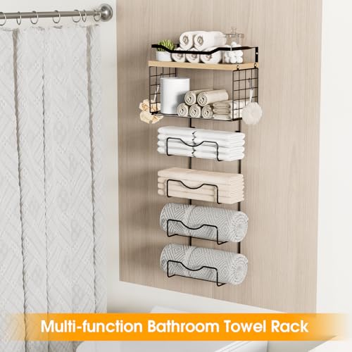 Towel Racks for Bathroom,Towel Rack Wall Mounted, 6 Tier Rolled Or Folded Towel Holder with Floating Shelves, Bathroom Towel Holder for Bath, Hand Towels,Metal,Walnut Wood Panel - color: Walnut Plack, size: J-type Black Rack
