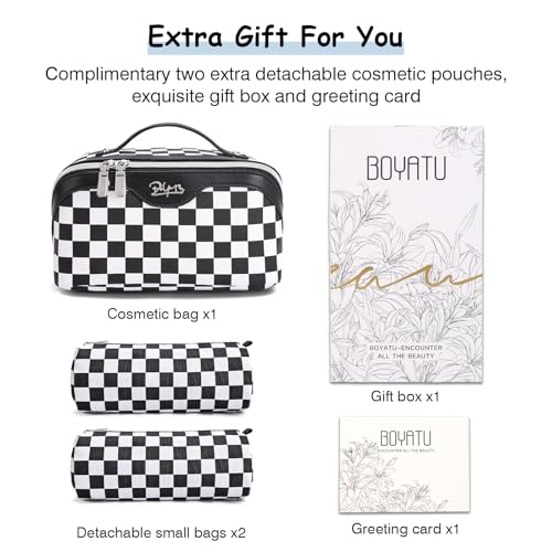 BOYATU Travel Makeup Bag Cosmetic Bags for Women: Large Make up Bags Set of 3 - Portable Makeup Organizer with Compartments&Handle&Divider - Waterproof PU Leather Toiletry Bag(A-5-Checkered Mix Black) - color: A-911-Checkered Mix Black