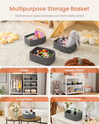 Small Woven Basket, 12 x 8 x 4.5 Inches, Storage Basket for Organizing, Cute Small Rope Shelf Closet Cube Storage Bins Baskets for Shelves, Dog Toy Gift Baskets Empty, 3 Pack Mixed Black - color: Mixed Black, size: 12"L x 8"W x 4.5"H