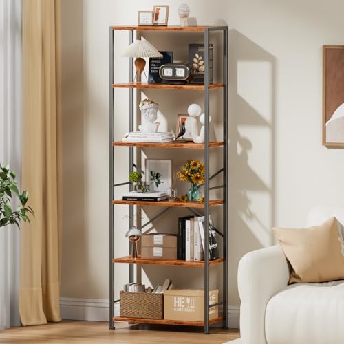 Furologee 6 Tier Book Shelf, Tall Wide Bookshelf, Industrial Open Bookcase, Display Shelves Storage Organizer, Shelving Unit for Living Room, Home Office, Bedroom, Rustic Brown - color: Rustic Brown, size: 6 Tier - 20"W