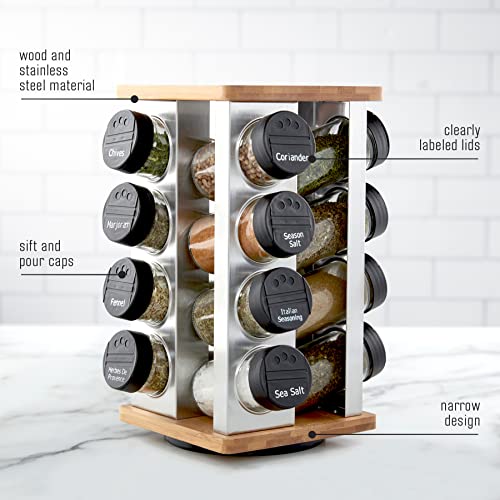 Kamenstein 16 Jar Warner Revolving Countertop Spice Rack Organizer with Lift & Pour Caps and Spices Included, FREE Spice Refills for 5 years, Stainless Steel & Bamboo with Black Caps - size: 16-Jar, style: 16-Jar Bamboo Revolving