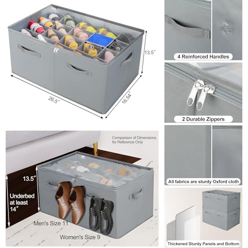 TOPIA HOME Shoe Organizer for Closet 2 Pack, Foldable Shoe Box with Adjustable Dividers and Clear Cover, Space Saving Shoe Storage Organizer Cabinet with Reinforced Handles, Fits 40 Pairs, Gray, TP11G - color: Gray-2Pack, size: Extra Large(26.5''L x 16.54