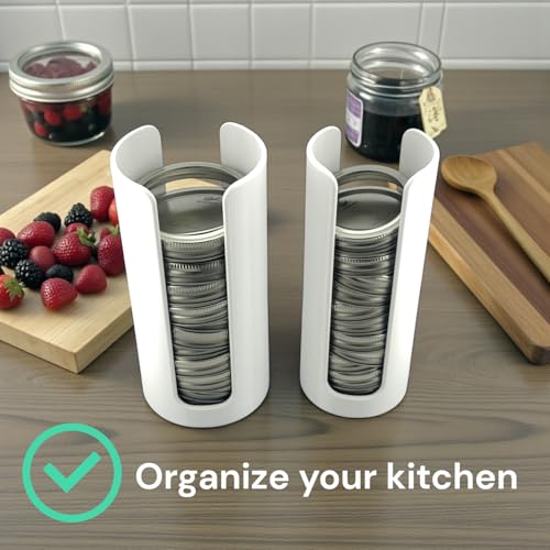Mason Jar Lid Organizer | White Plastic Lid Storage Rack for Wide & Regular Mouth Mason Jars | Stackable Countertop & Cabinet Organizer | Fits Metal & Plastic Canning Lids