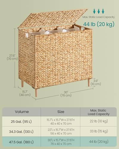 SONGMICS Laundry Hamper 3 Sections, 47.5 Gal. (180 L) Handwoven Water Hyacinth Wicker Laundry Basket with Lid, Natural Material, Removable Machine Washable Liners, Handles, Natural ULCB203Y01 - color: Natural, size: 180 L (Handwoven )